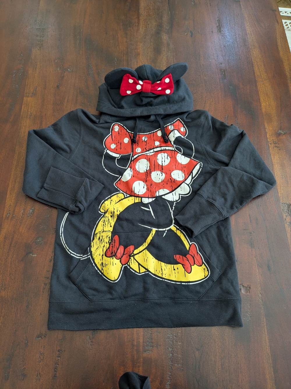 Girls Black Minnie Mouse Hoodie with Red Bow Accent